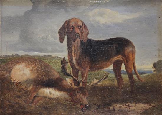 Circle of William Woodhouse (1857-1939) Hound beside a fallen stag, 6 x 8in.